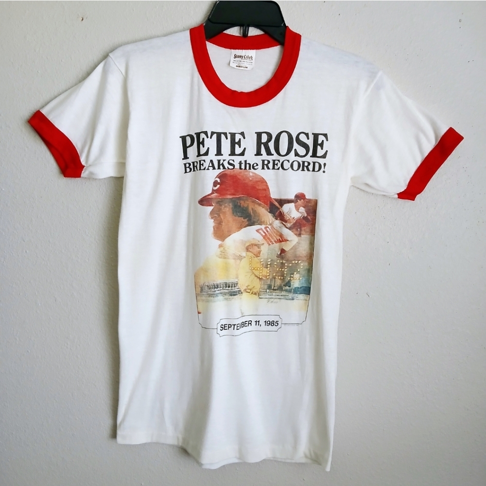 Vintage Pete Rose Ringer T Shirt Break The Record ! Cincinnati Reds 1985